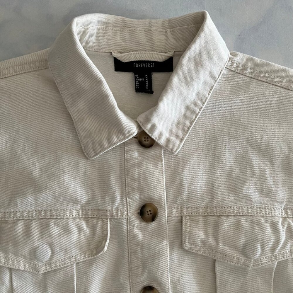 Forever 21 Cream Cropped Button Up Cotton Denim Jacket - Picture 4 of 7